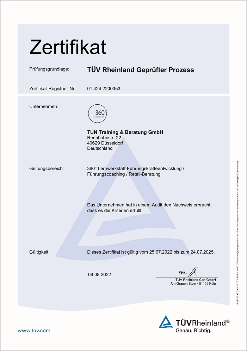 Zertifikat TÜV Rheinland Geprüfter Prozess